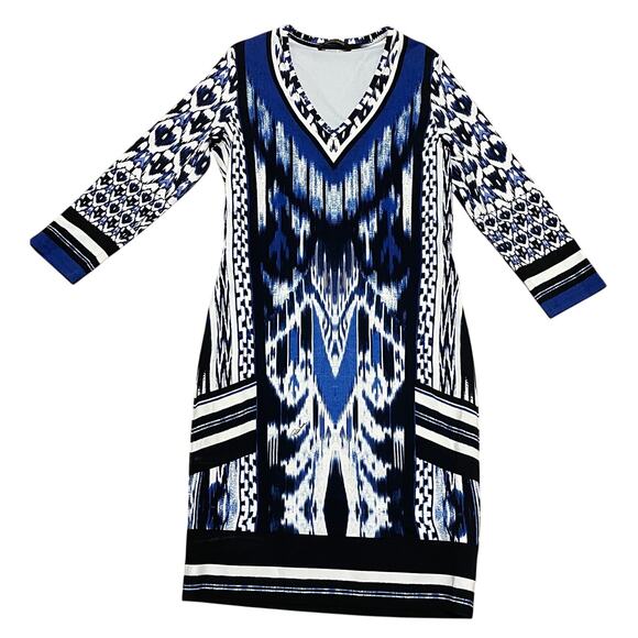 Roberto Cavalli Dress US 12/‎ IT 48 Blue White Black Geometric Print Sheath - Picture 1 of 7